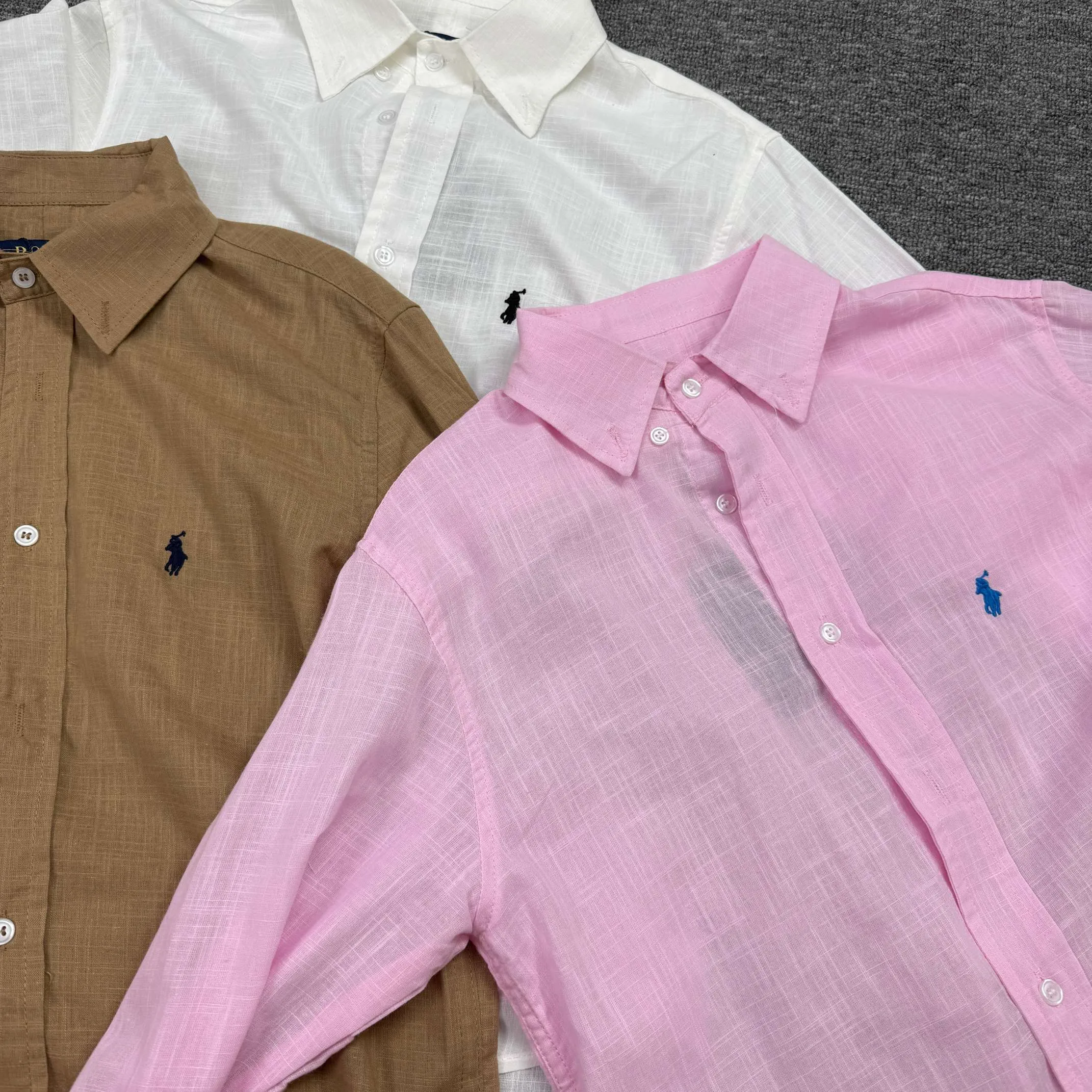 P220 💰Model G36 New Ralph Lauren pony logo linen embroidered shirt Ralph Lauren pony logo cotton and linen shirt Internet celebrity versatile popular style sun protection-Korean style series-loose and suitable for travel photography📷Excellent style-strong control and slimming Color: White Pink Khaki Size: S M L XL
